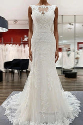 Elegant White Long Mermaid Tulle Lace Open Back Wedding Dress